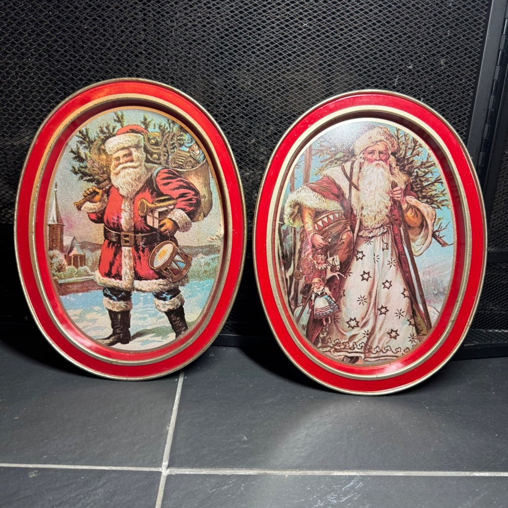 Vintage Santa Claus Father Christmas Oval Metal Tin Serving Trays Set of 2 Red